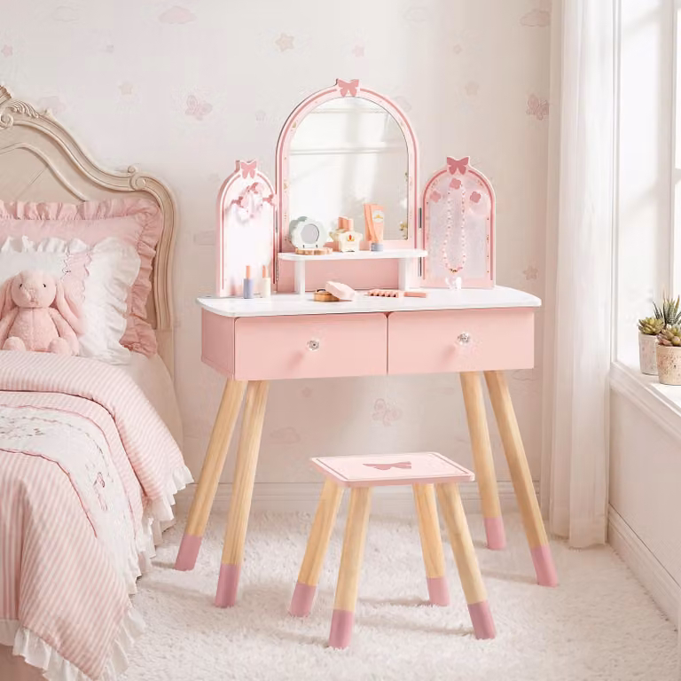 Tavolino da trucco per bambini ROBUD, in legno, con sgabello, specchio e accessori, colore rosa