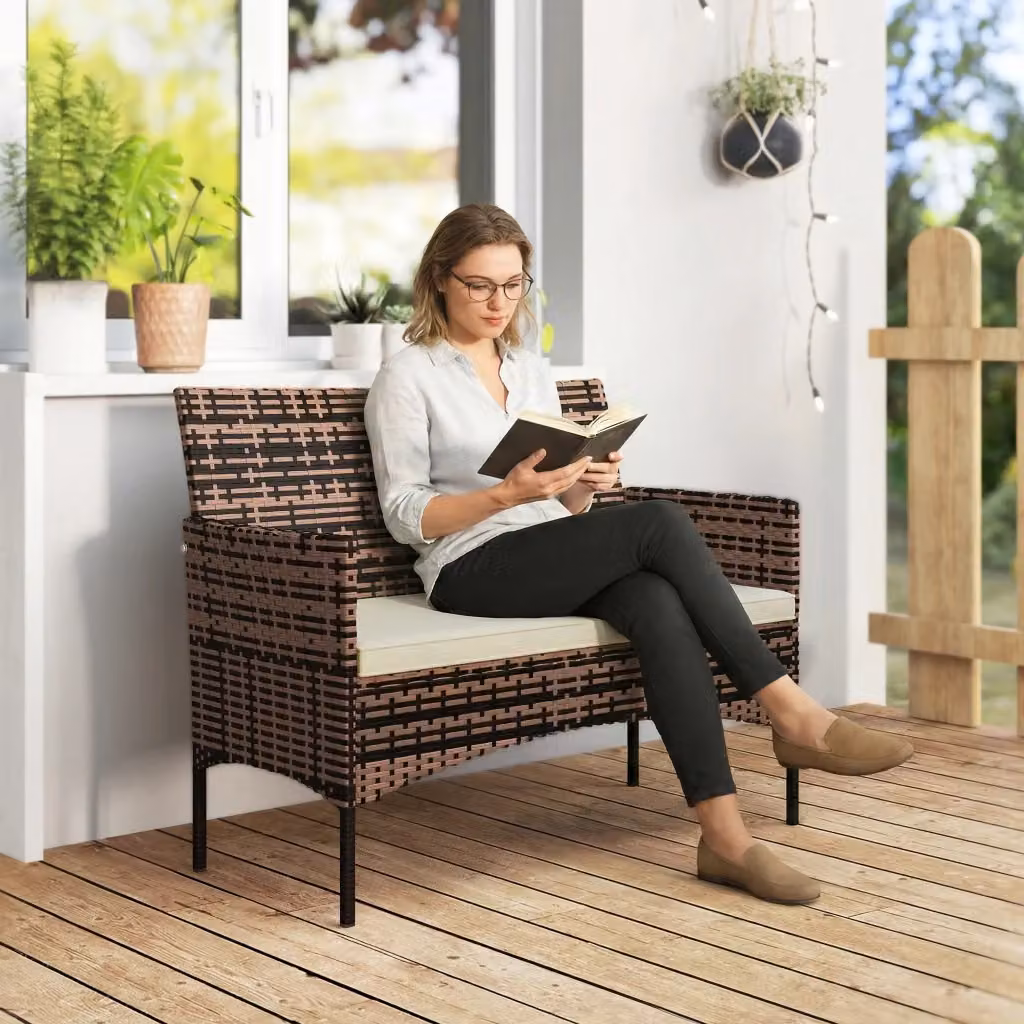 Divano da giardino Giordanoshop con cuscini in rattan e acciaio, beige e marrone, L: 115 cm, P: 63 cm, H: 85 cm – 2