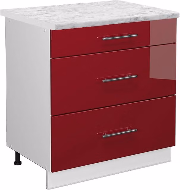 Mobiletto base per cucina Fame-Line Bordeaux lucido/Bianco 80 cm con 3 cassetti, PL Marmo Vicco