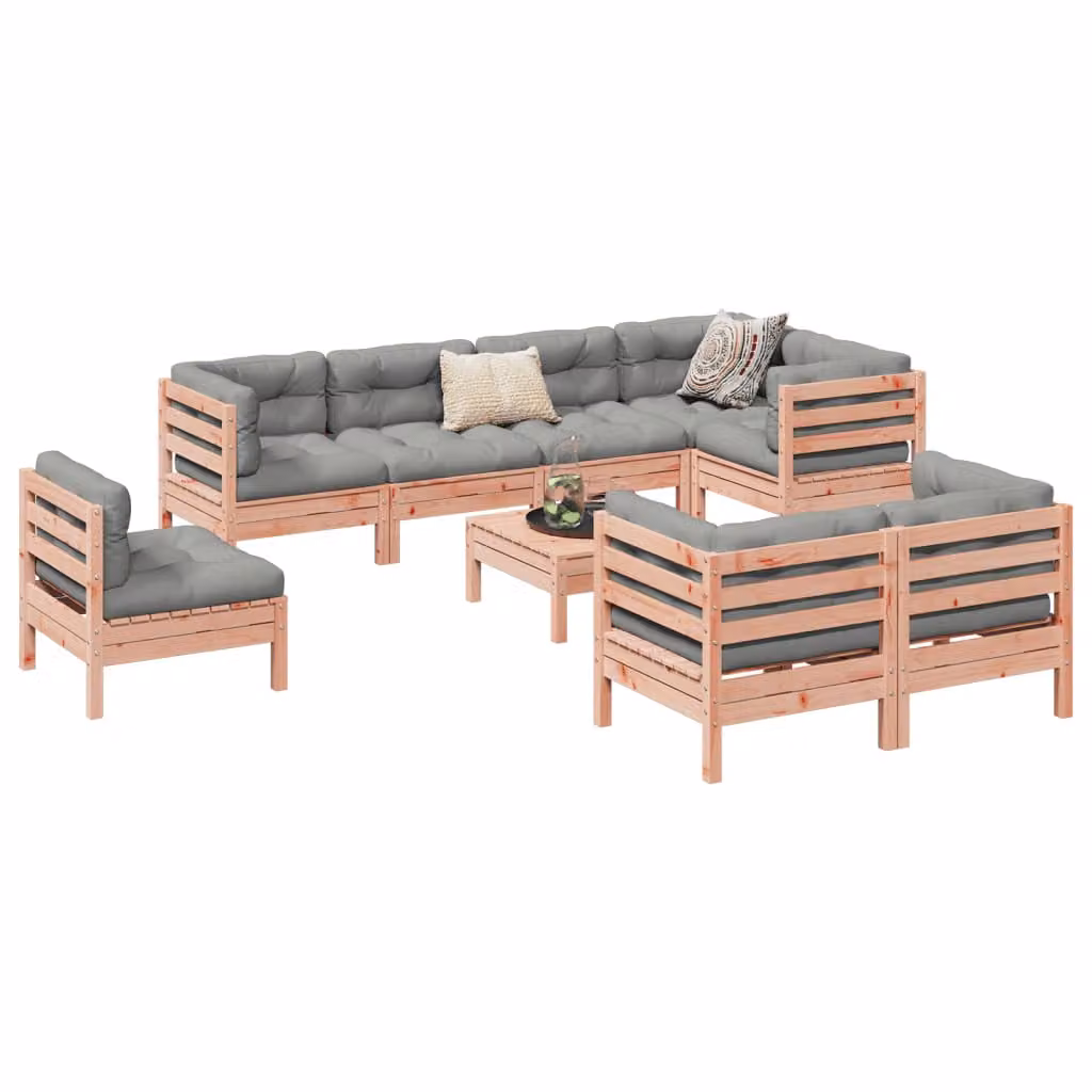 Set di divani da giardino vidaXL in legno massello di abete e spruce con 9 pezzi e cuscini inclusi, modello a forma di L con pouf e divano a 3 posti, colori marrone e grigio
