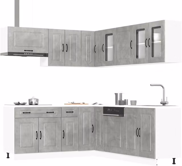 Set di mobili da cucina moderno vidaXL in legno e vetro grigio con ante a battente e scaffali aperti