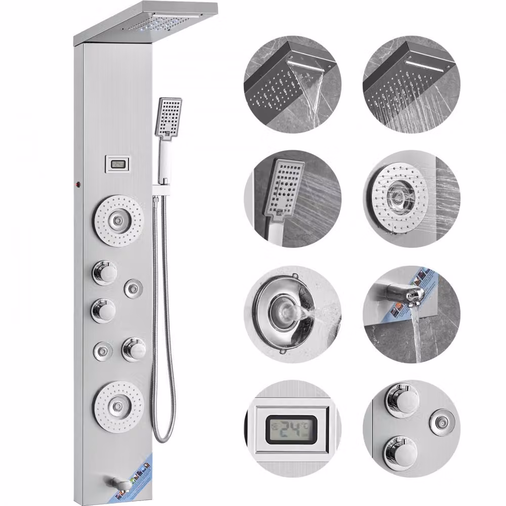 Sistema di pannelli doccia - 6 modalità di doccia LED e display Torre del pannello doccia - cascata a pioggia 4 getti massaggianti per il corpo doccetta da bagno - tubo flessibile da 59 pollici - set doccia a parete