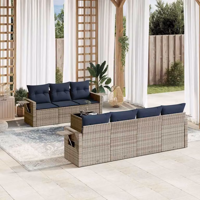 Set Divani da Giardino vidaXL 8 Pezzi in Polyrattan Grigio con Cuscini e Tavolino