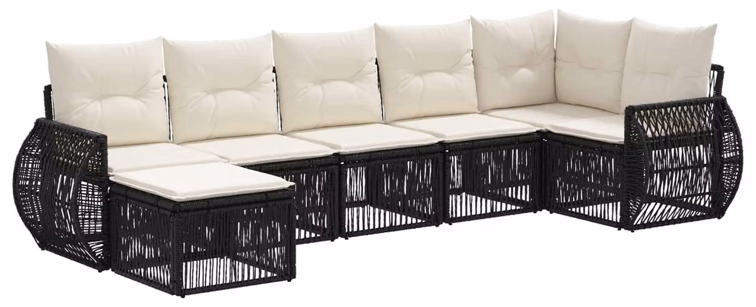 Set da giardino composto da 7 pezzi, in rattan sintetico nero e crema
