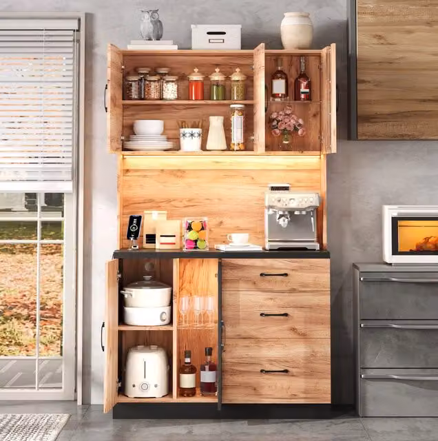 Mobile alto da cucina ULEVR con 3 cassetti, ante in vetro, LED regolabile e prese USB, MDF nero effetto legno