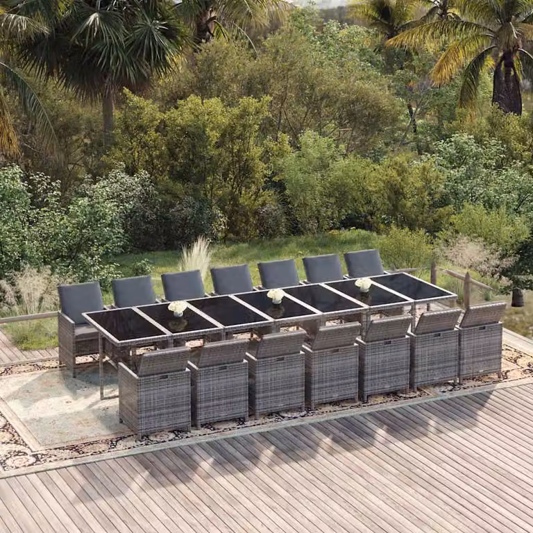 Set Pranzo da Giardino vidaXL in Polyrattan Grigio e Nero con Tavolo in Vetro e 15 Pezzi