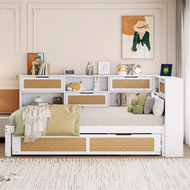 Divano letto singolo in legno ¨C Minimal ¨C Bianco 90x200 cm con cassetti contenitore