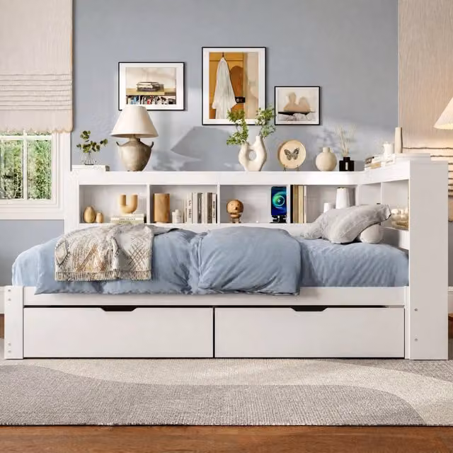 Letto daybed moderno in legno e tessuto bianco con cassetti e porte USB L/P: 140 x 200 cm