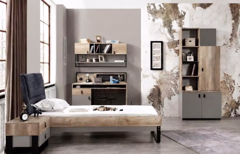 Set per camera da letto per ragazzi: letto, comodino, scrivania, librerie, colore grigio