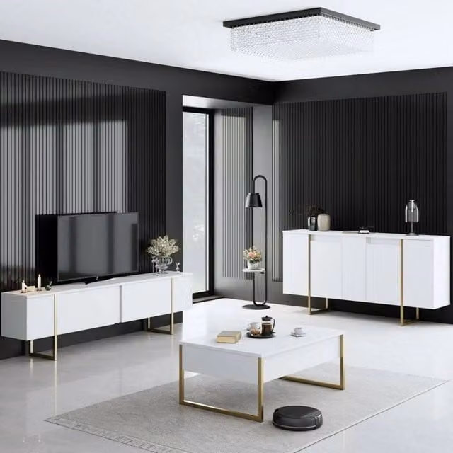 Set di mobili da soggiorno modulabile DMORA Pignano in legno bianco e oro con finitura lucida e design moderno – 1