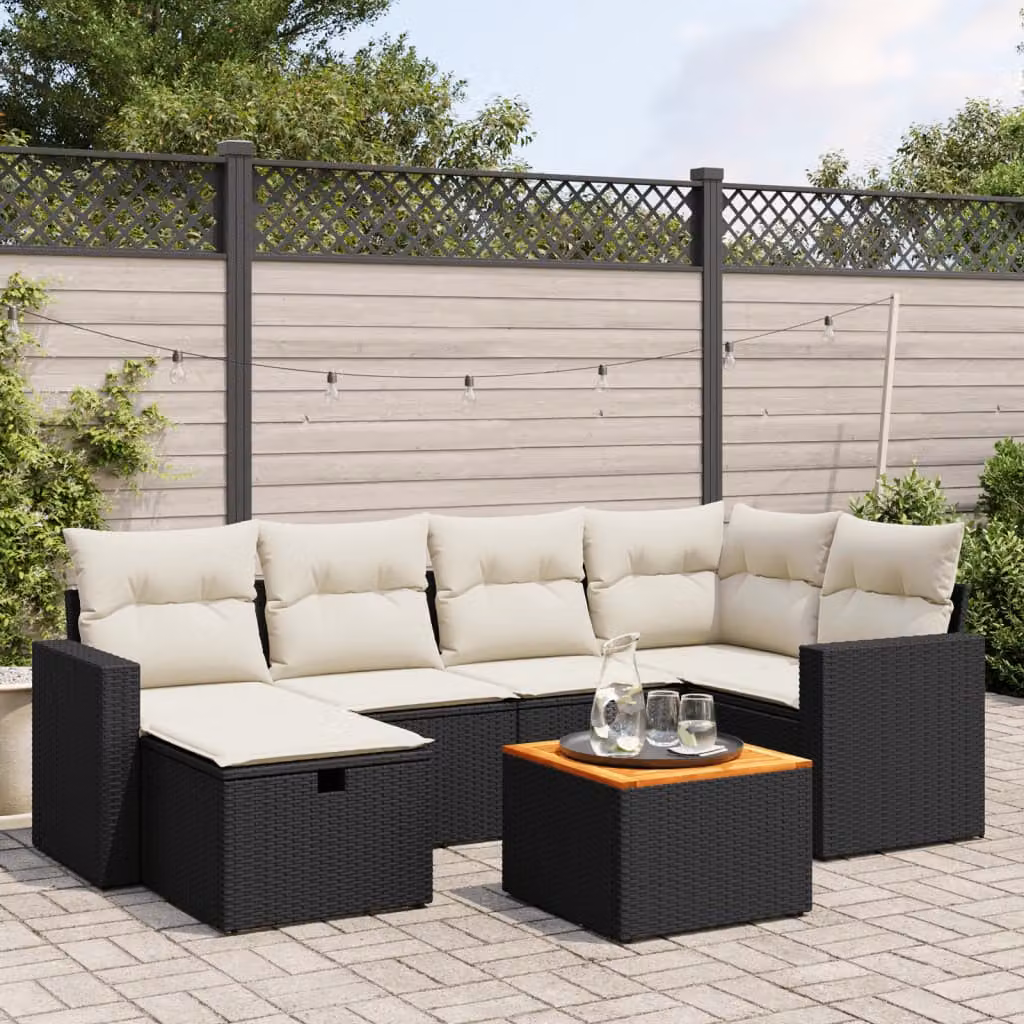 vidaXL Set Divani da Giardino a L con 7 Pezzi, Polyrattan Nero e Cuscini con Rivestimenti Rimovibili e Resistenti ai Raggi UV – 1
