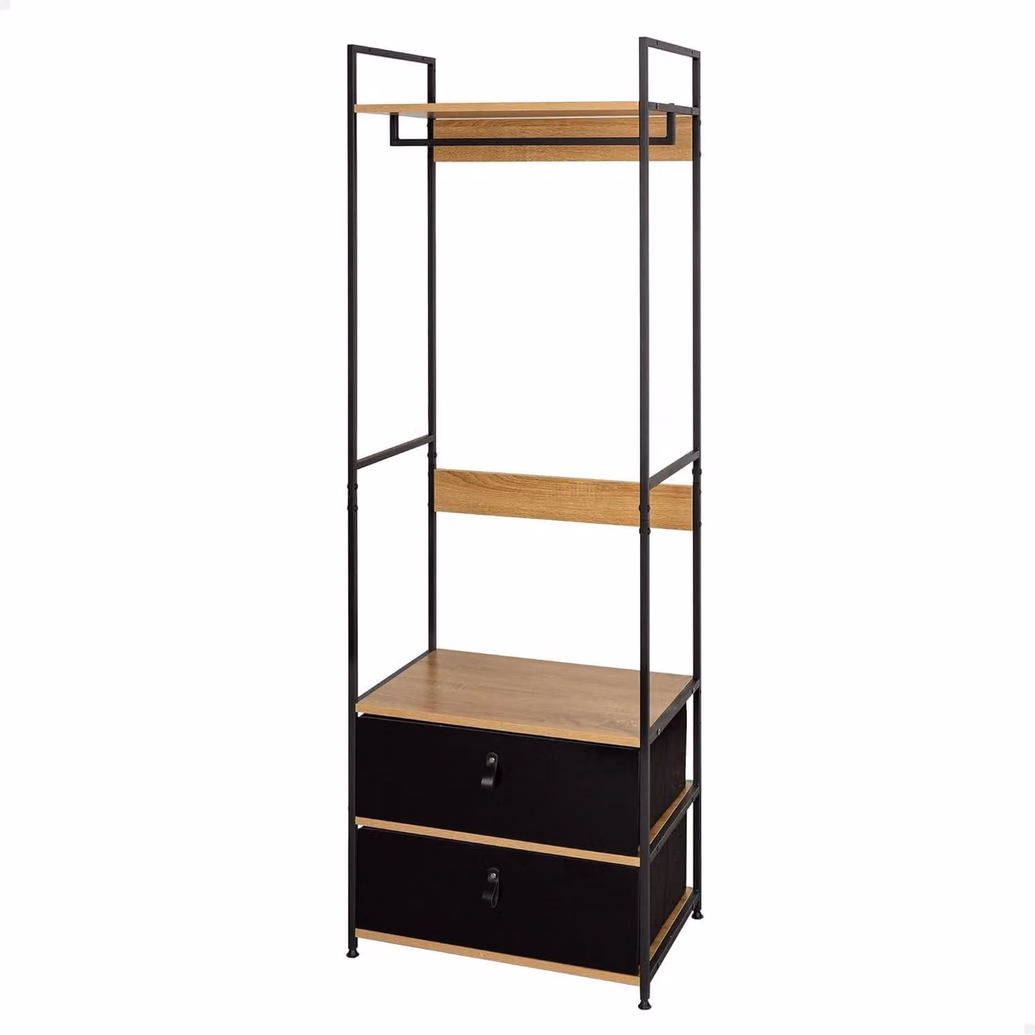 Armadio aperto, dimensioni 60x40x175 cm, struttura in acciaio e legno, con 2 cassettiere in tessuto
