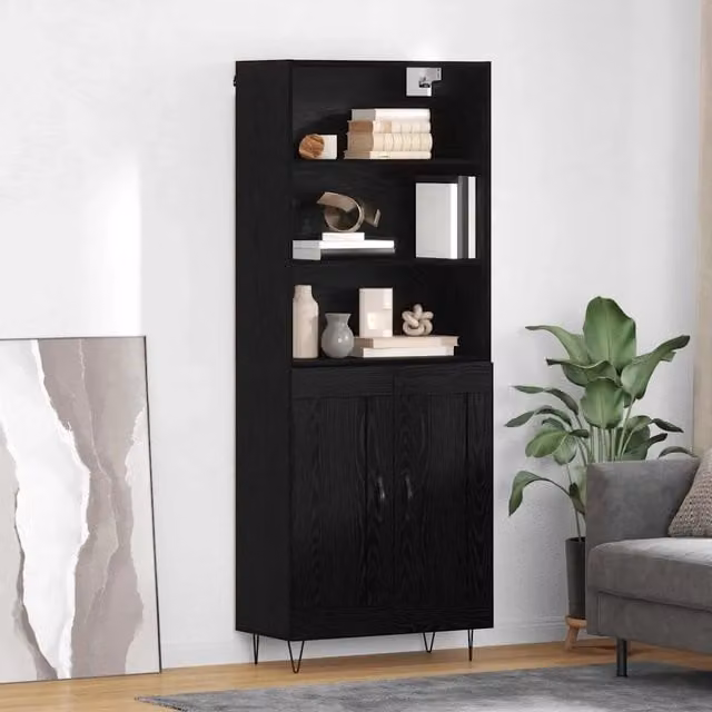 Credenza Buffet Armadio da Cucina vidaXL in Legno e Metallo Nero Moderno L: 69,5 cm, P: 34 cm, H: 180 cm