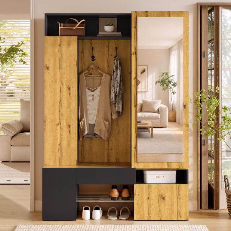 Armadio con specchio, mobiletto per scarpe, armadio con appendiabiti e ganci, mobiletto per l'ingresso, dimensioni 127x35x180,5 cm, colore nero e naturale