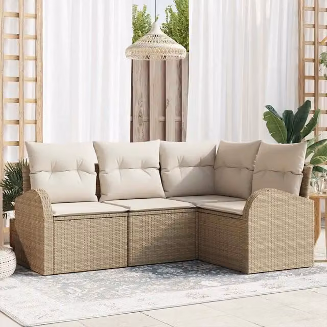 Set Divano da Giardino a L con Cuscini vidaXL, Colore Beige e Bianco, Struttura in Metallo e Polyrattan