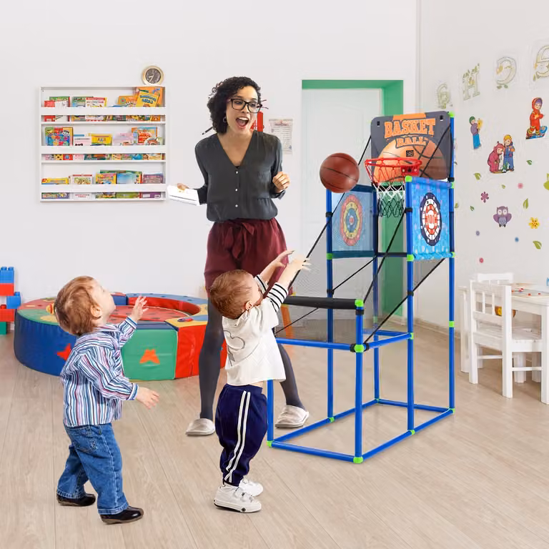 Costway Set gioco canestro da basket per bambini con segnapunti elettronico e palline, colore blu