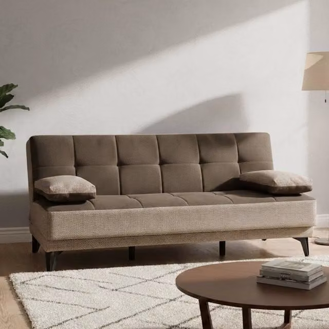 Divano letto Aborigeni DMORA a 3 posti in tessuto con apertura click-clack e piedini in metallo nero, Grigio e Marrone, L: 190 cm, H: 97 cm – 1