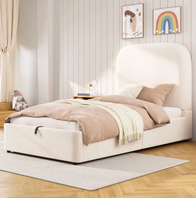 Letto per bambini 90x200 cm con contenitore idraulico in velluto beige