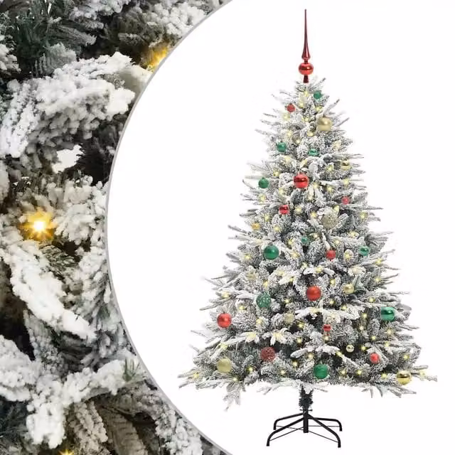 Albero di Natale artificiale preilluminato con LED luce bianca calda e set di palline verde vidaXL – 1