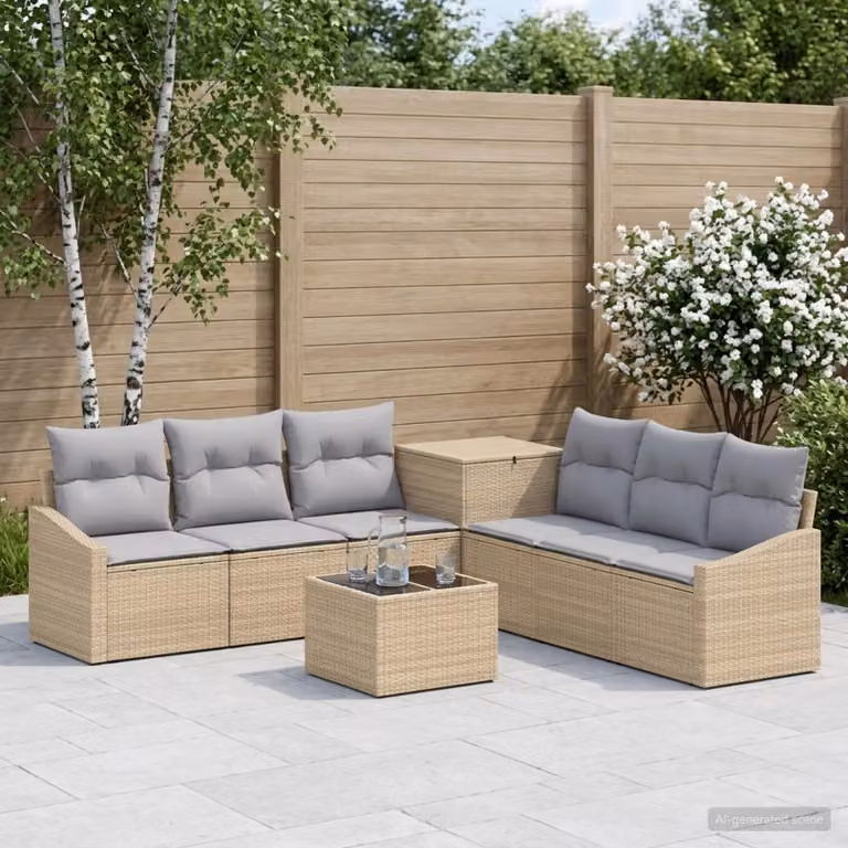 Set di divani da giardino vidaXL a forma di U in polyrattan con 8 pezzi, beige e grigio chiaro
