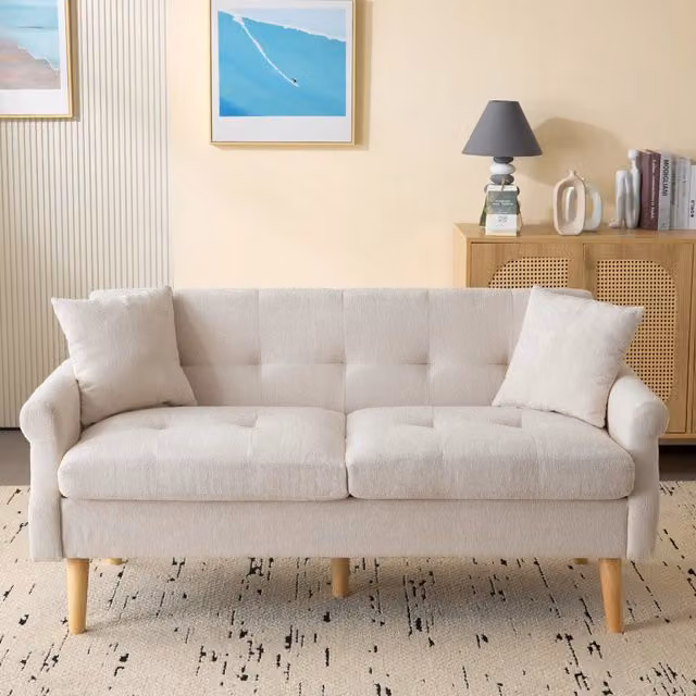 Divano moderno Zephmum in tessuto beige con cuscini, ideale per soggiorno e camera da letto