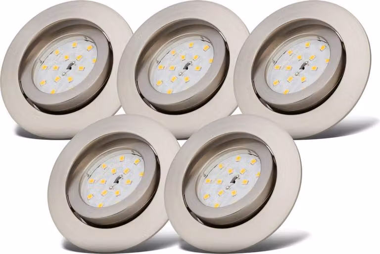 B.K.Licht Faretti LED da incasso orientabili e dimmerabili, LED integrati 5,5W, 470Lm, luce calda 3000K, luci ultra sottili da soffitto, foro incasso Ø 68mm, set di 5, plastica nichel opaco, 230V IP23