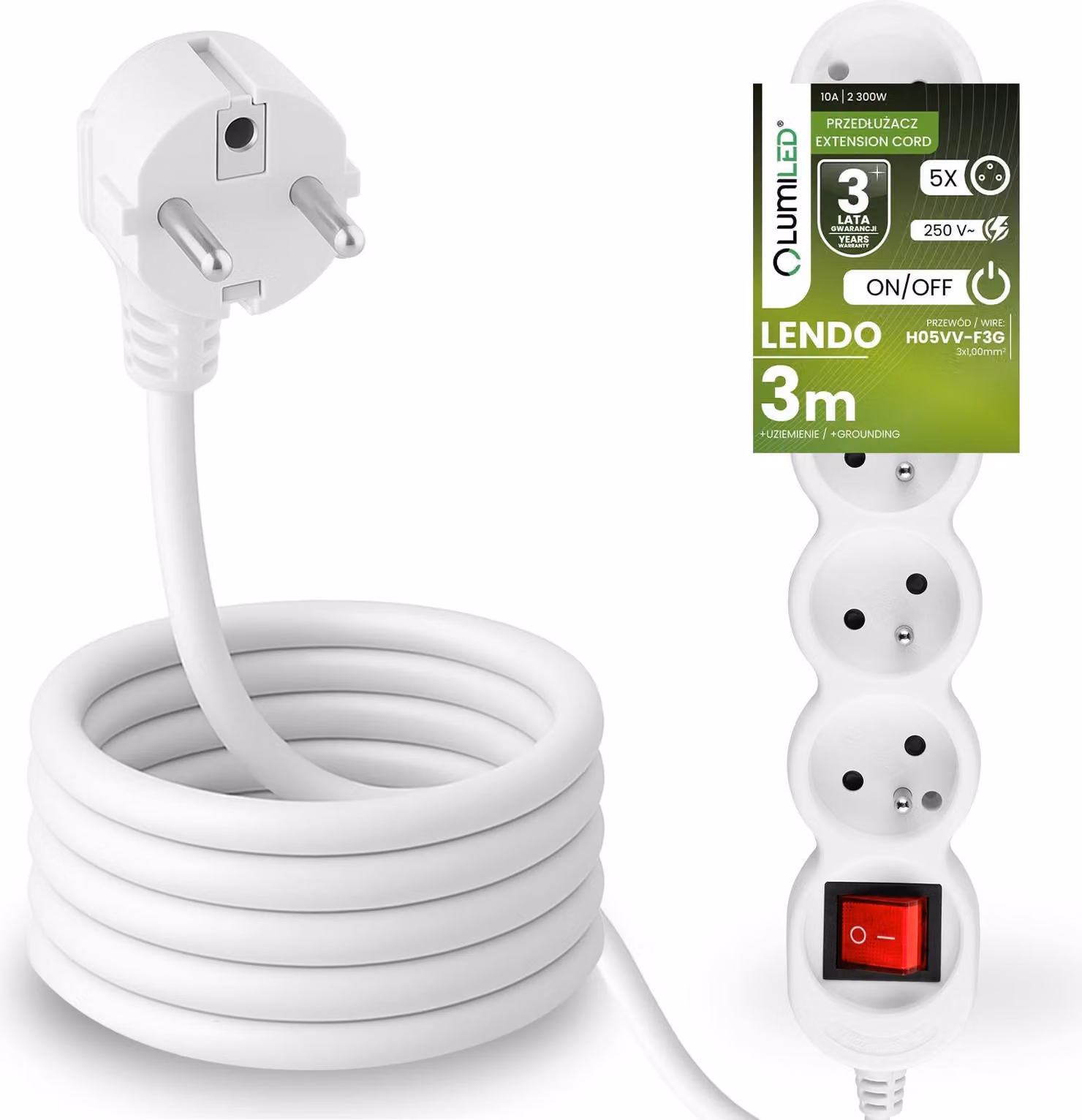 Presa multipla LUMILED con interruttore ON/OFFPresa a 5 vie tipo E, cavo da 3 m H05VV-F3G, bianco, presa multipla E 10A 2300W 250V IP20 Staffa per essere appesa