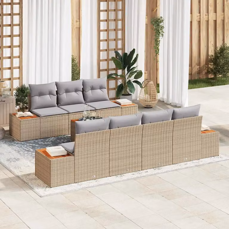 Set Divano da Giardino vidaXL 8 Pezzi in Polyrattan Beige con Cuscini e Tavolino