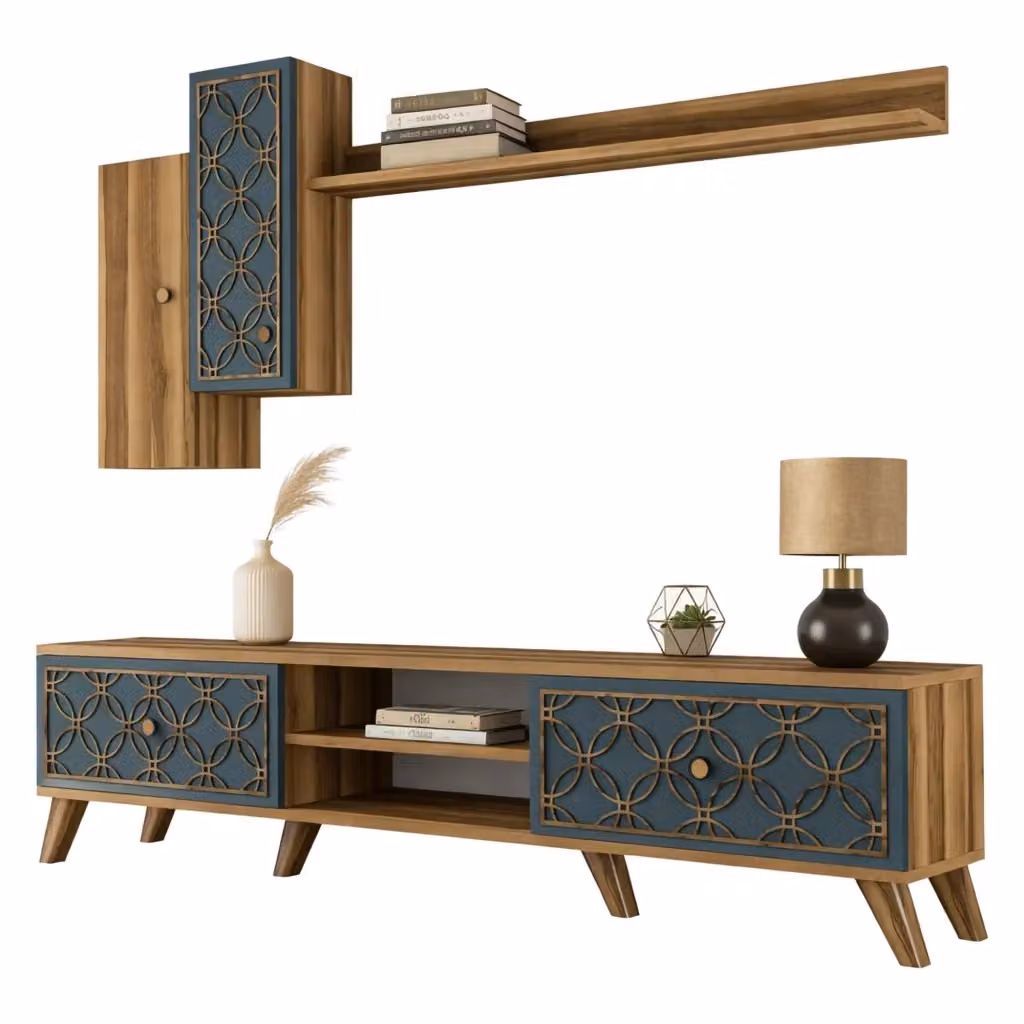 Parete Attrezzata Modulabile DMORA per Soggiorno, Design Moderno con Lowboard e Scaffali, Marrone e Blu – 2