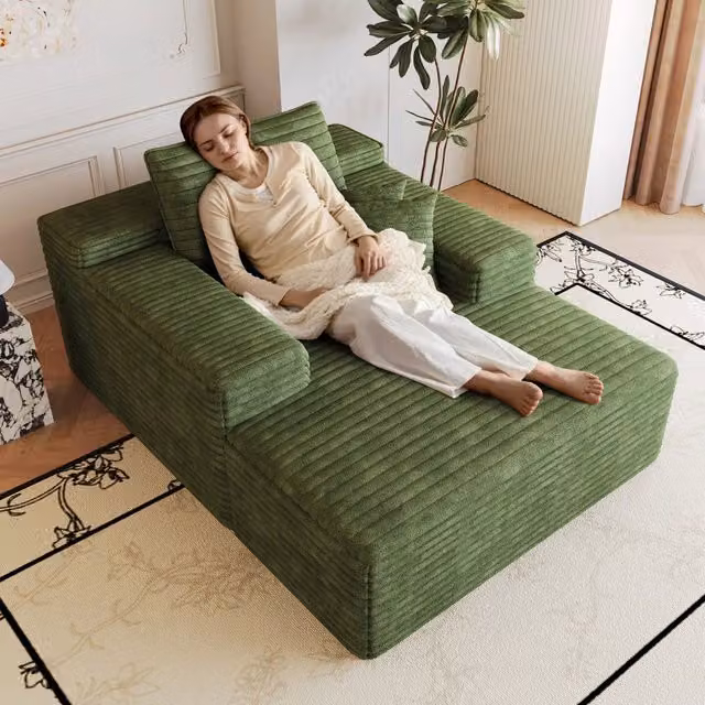 Poltrona a sdraio, divano in velluto a coste, 115 x 159 x 83 cm, struttura senza telaio, non richiede montaggio, verde