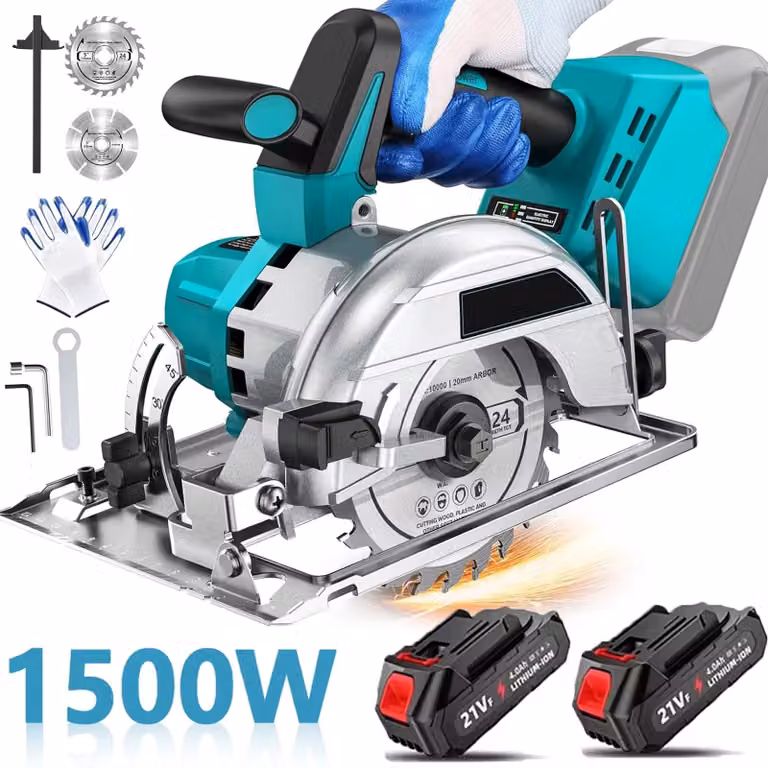 Sega circolare a batteria - Motore brushless - 1500 W - Lama da 125 mm - Profondità di taglio 45 mm - Angolo di taglio 0–45° - 2 batterie