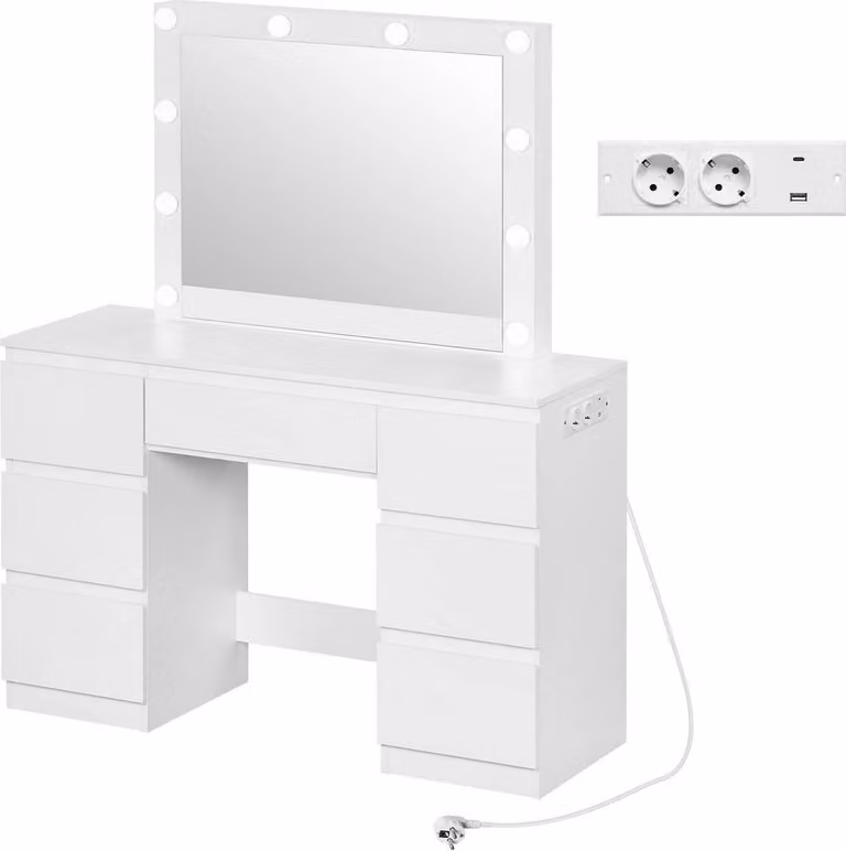 WOLTU: toeletta con specchio, illuminazione a LED, presa di corrente, 7 cassetti, bianco