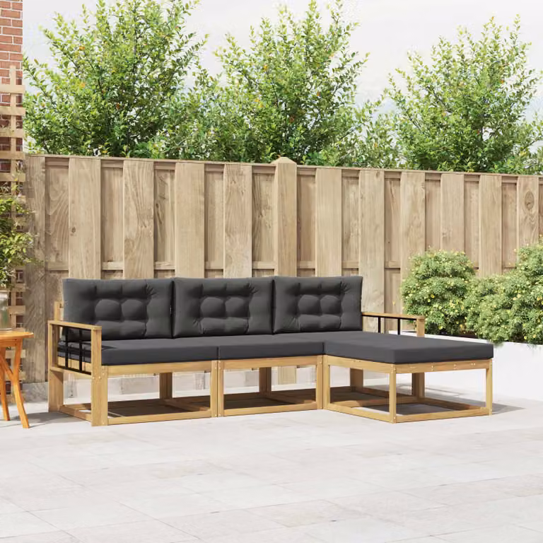 vidaXL Set di divani da esterno a L con pouf 4 pz in legno di acacia, Bianco, Antracite e Marrone