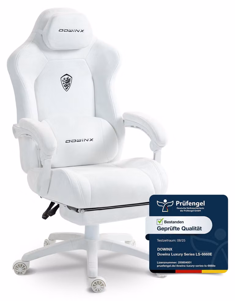 Sedia da gaming ergonomica con supporto lombare, rivestita in velluto, imbottitura spessa, poggiapiedi, braccioli regolabili e inclinazione fino a 160°. Colore: bianco