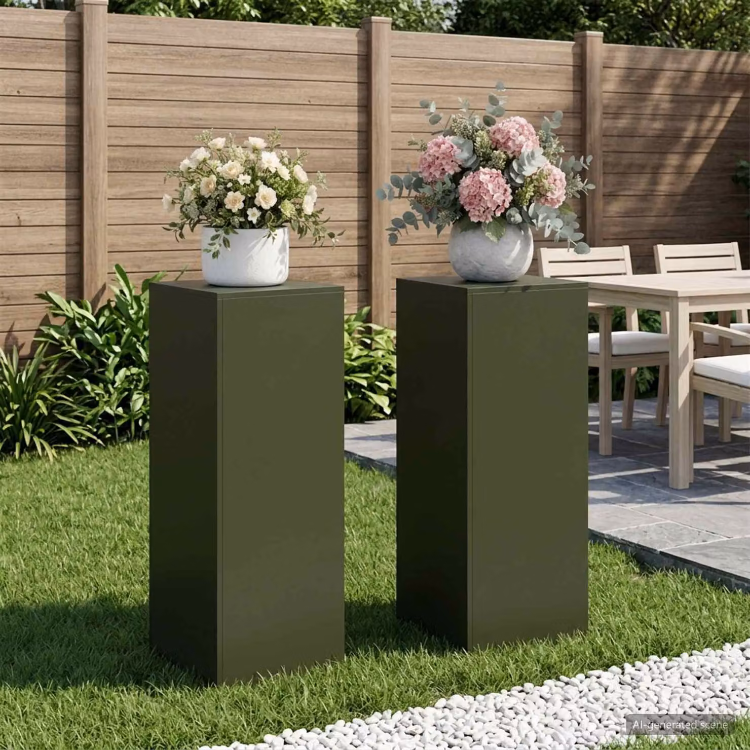 Set di 2 supporti per piante vidaXL in metallo verde oliva, L/P/H: 40 x 40 x 100 cm