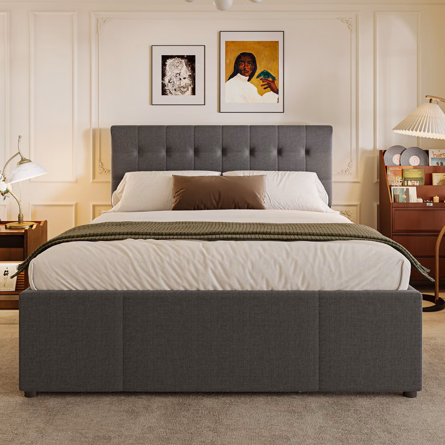 Letto imbottito MODFU 140x200 cm con testiera regolabile in altezza, 3 cassetti e base 90x190 cm, letto matrimoniale con vano porta-biancheria, grigio (materasso escluso)