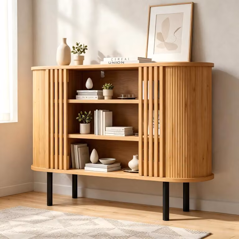 Mobile contenitore MODFU, 120x40x80 cm, credenza con 3 vani aperti, mobile per soggiorno con design a listelli, armadio contenitore con gambe in metallo regolabili, colore naturale