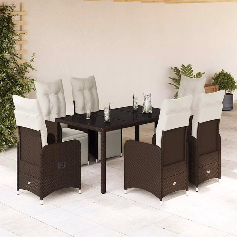 Set Bistrò da Giardino e Balcone vidaXL in Polyrattan Marrone con Cuscini Bianchi e Tavolo in Vetro 7 pz