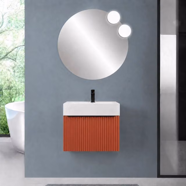 Mobile bagno sospeso 70 cm terracotta con un cassetto e lavabo alto in resina Nara