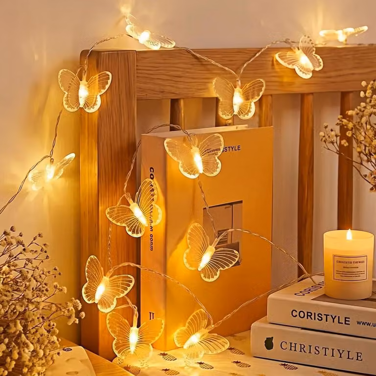 Catena luminosa a forma di farfalla, 3 metri, 20 LED, luce bianco caldo, con timer