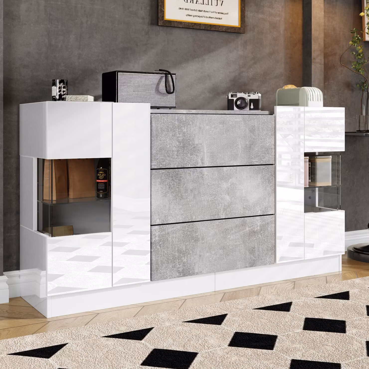 Credenza Moderna Aosom con Illuminazione LED, Cassetti e Frontali Lucidi Effetto Marmo, Bianco e Grigio, L 140 x P 35 x H 75 cm – 2