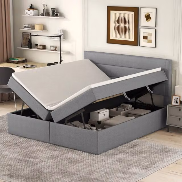 Letto contenitore matrimoniale 140 × 200 cm, apertura bilaterale, senza materasso, rivestito in lino grigio