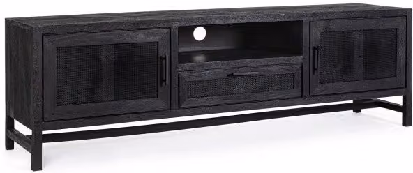 Mobile TV Weston GIORDANOSHOP con 2 ante e 1 cassetto in legno e rattan, colore nero e mango, L: 180 cm, P: 40 cm, H: 55 cm – 1
