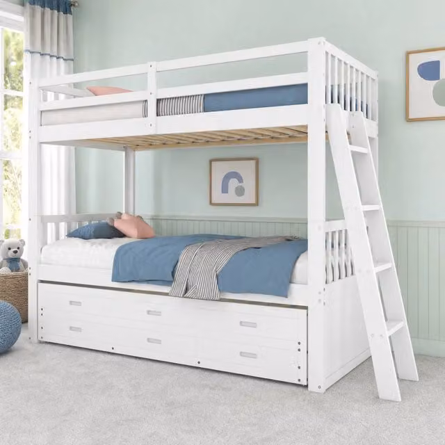 Letto a castello ULEVR 90x200 cm con letto estraibile, 3 cassetti e scala, in pino e MDF bianco