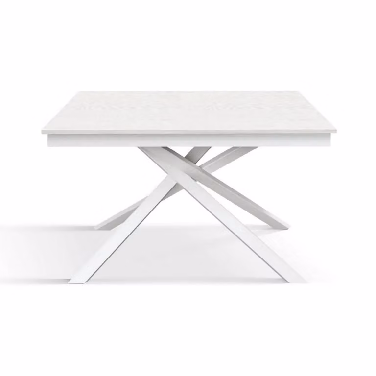Tavolo VOLPAIA in legno, finitura bianco frassinato e base in metallo verniciato bianco, allungabile 160×90 cm – 210×90 cm