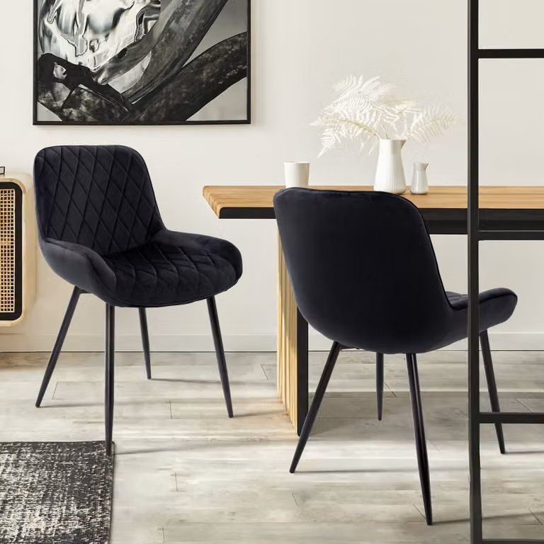 ML-Design set di 2 sedie da pranzo con schienale e braccioli, nero, seduta in velluto, sedia imbottita con gambe in metallo
