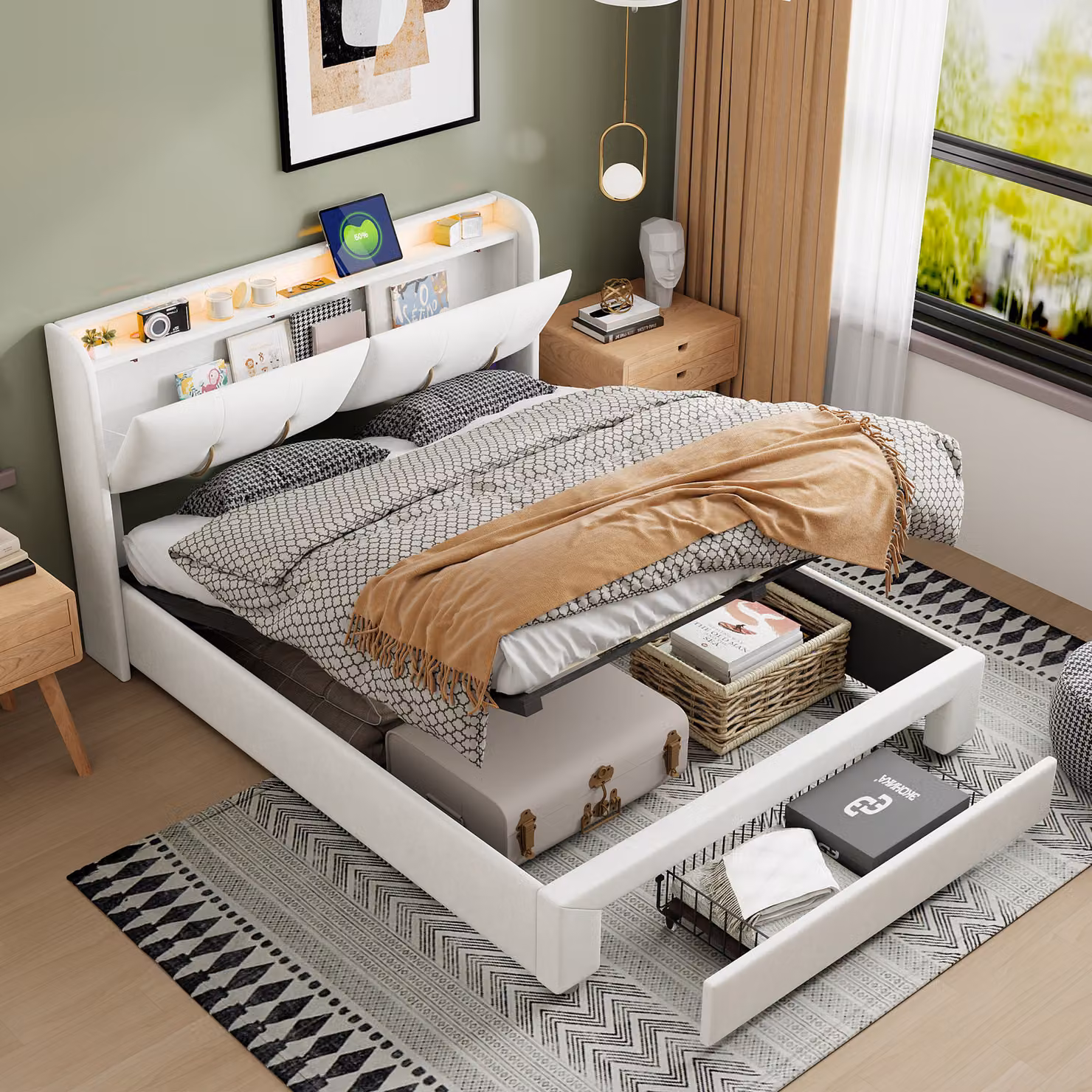 Letto a pressione a gas ProximaX 160×200 cm in bianco panna - Con contenitore nella testata e cassetto nella pediera - Funzione LED e USB - Ideale per camere da letto