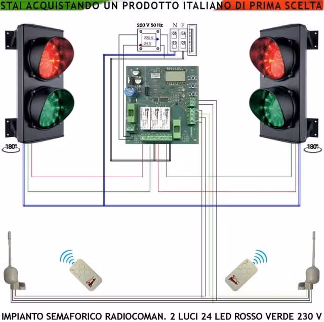 Kit Semafori Securvera Orientabili 180 per Condominio e Garage con 24 Led Rossi e 24 Led Verdi, Lente Ø 124 mm, Alimentazione 230 V, IP65, Colore Nero