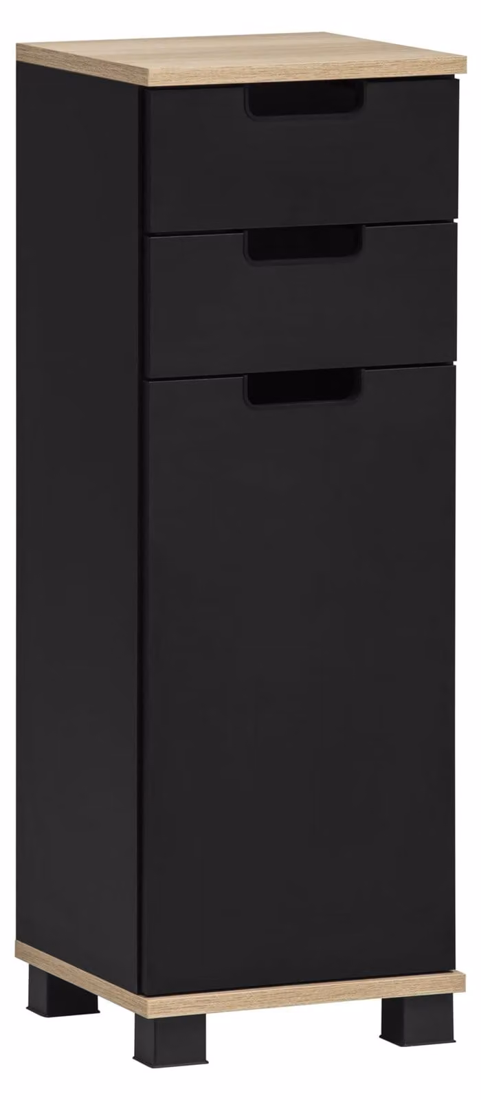 Mobile contenitore con 1 anta e 2 cassetti, finitura nero opaco/effetto legno di quercia, dimensioni 30,3 x 32,6 x 88,1 cm