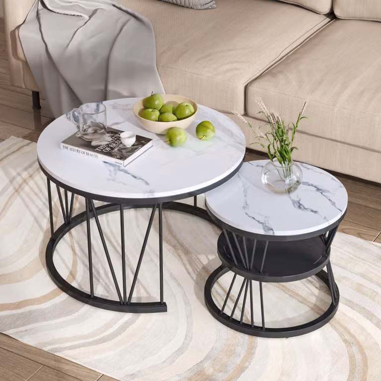 CDGlobal set di 2 tavolini rotondi con motivo in marmo, tavolino da salotto tavolo da divano industriale, piano da 1,5 cm, bianco